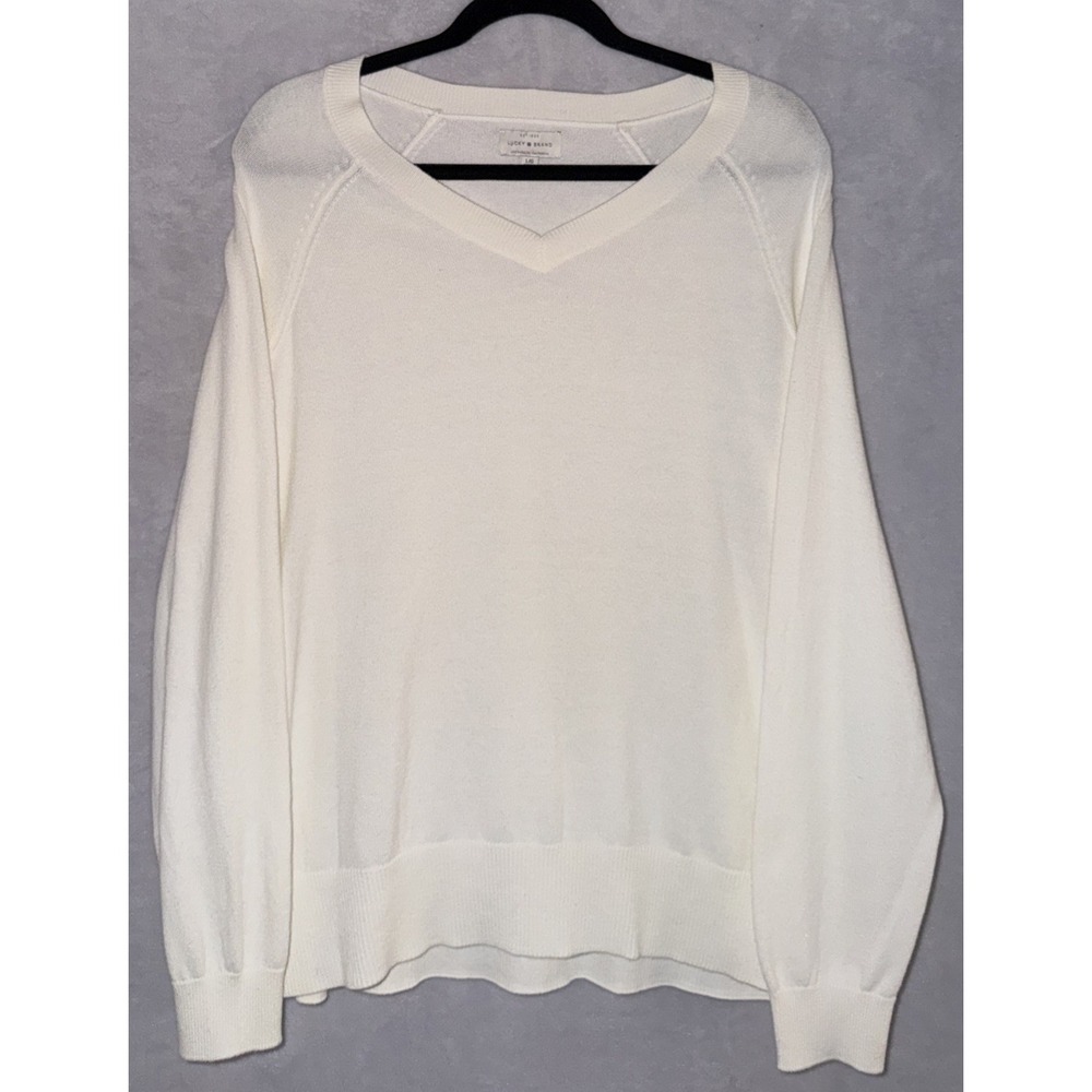 Lucky Brand Womens Sweater Large White V Neck Lightweight Long Sleeve Casual